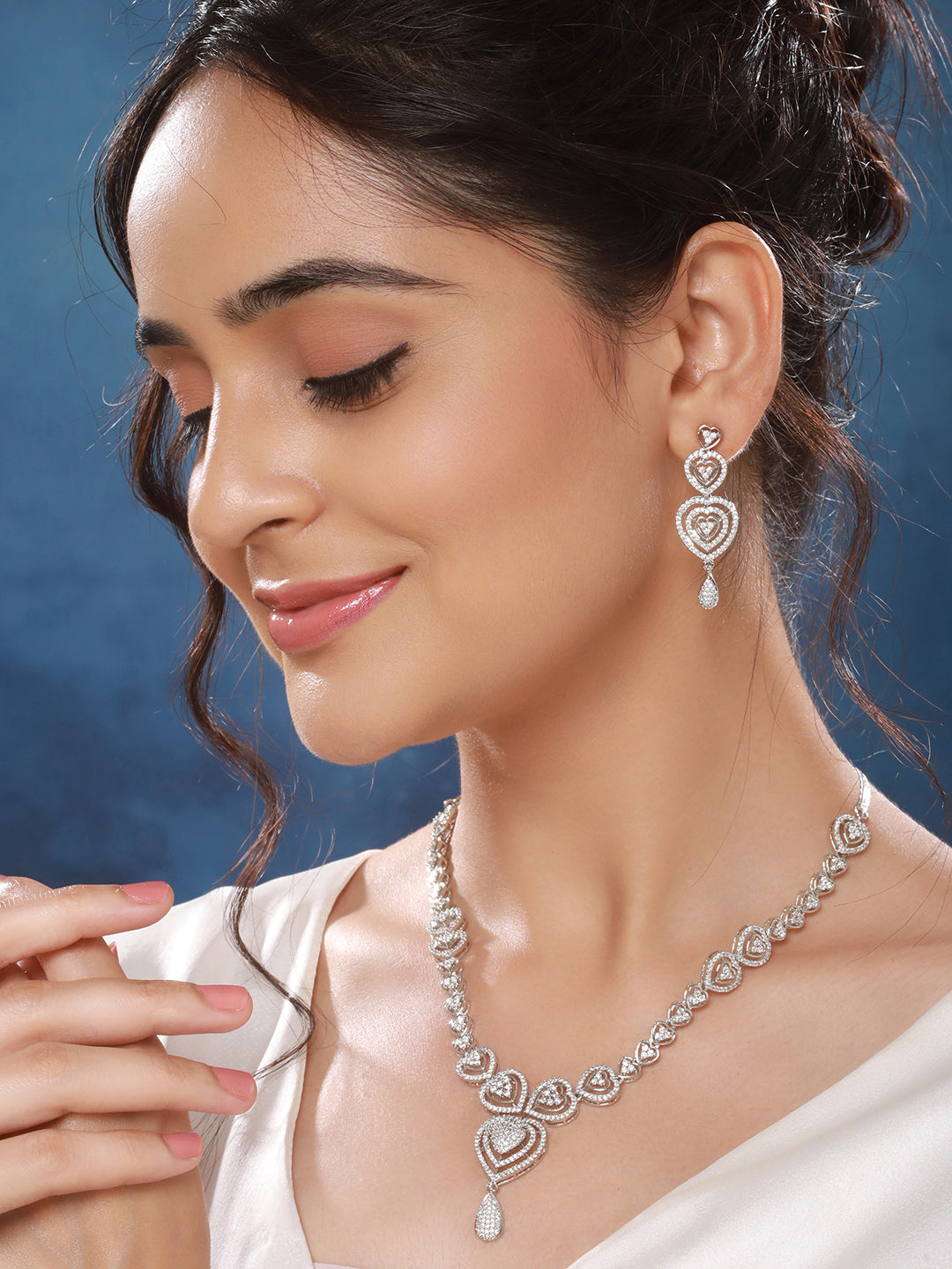 Silver Plated Zircon Studded Heart Shaped Designer Pendant Jewellery Set